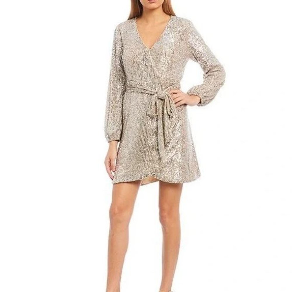 Gianni Bini Silver Sequin Wrap Dress- Size Medium